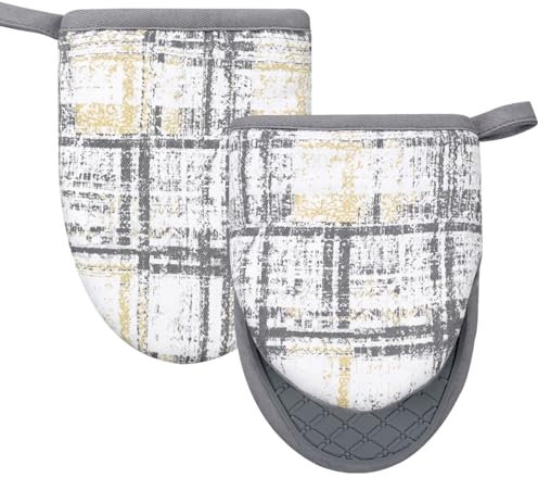 Alselo Mini Silicone Oven Mitts, Heat and Slip Resistant Kitchen Gloves 2-Pack Set, Vintage Plaid Soft Oven Mittens, Flexible Pot Holders for Cooking Baking and Grilling (Vintage Grey)