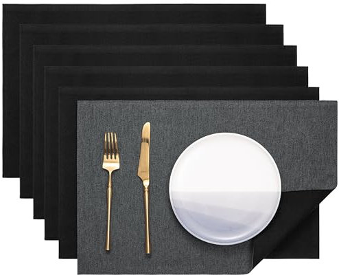 Banchif Platzsets Leinenimitat Tischsets Abwaschbar Tischsets Doppelseitigen Platzsets Stoff Platzdecken maschinenwaschbar 30 x 45 cm (Grau-Schwarz, Rechteckig Satz von 6)