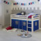 Homestyle4u Kinderbett 90 x 200 Weiß Blau Hochbett mit Treppe Lattenrost Vorhang Bettgestell Holz Kiefer Kinderzimmer
