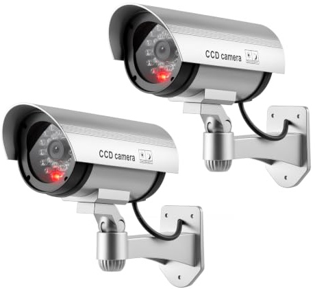 ERWEY 2 Stück Kamera Atrappe Außen, Dummy Kamera Fake Überwachungskameras CCTV Kameraatrappe Sicherheitskamera mit Blinkendem LED Licht, Silber