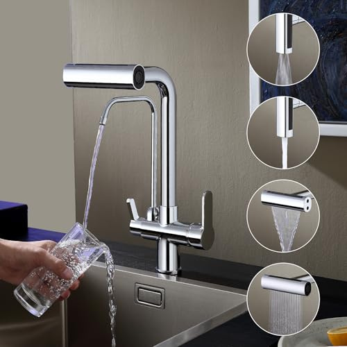 KINKIB Wasserfall-Küchenarmatur mit Filter – Pull-Down-Küchenarmatur mit 4 Sprühmodi, RO-System kompatibel, Doppelgriff, bleifreies Messingdesign, Chrom