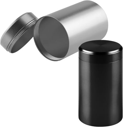 Lotsdonxia 2 Pack Aluminium Storage Containers – Portable and Durable Pocket-Sized Jars for Spices, Coffee, Tea, Camping, Hiking, Travel, and Daily Use (Black+Sliver)