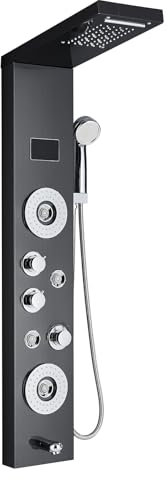 HARNART LED Duschpaneel mit Armatur,5 Funktionen Duschpaneel mit LED Temperaturanzeige,Massagedusche und Wasserfall Dusche,Duschsäule aus Edelstahl 304, Schwarz-8006