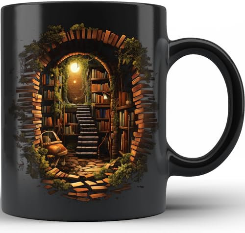 Coffee Mugs 330Ml, Vintage Bookshelf Wall Hole Library Book Multicoloured Drinking Cups with Handle Tea Mug for Office Home Friend