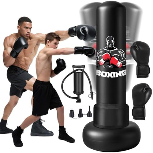 Sac de Frappe sur Pied Gonflable pour Adulte 180 cm, Qoosea Punching Ball avec Gants et Pompe à Air, Sac de Boxe pour Entraînement de Kickboxing, MMA Karaté Fitness Taekwondo Idéal Cadeau