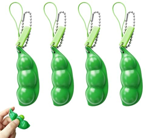 WENXINWIN 4 Stück Fidget Toys, Squeeze Bean Schlüsselanhänger, Squishy Erbsenkapsel Stress Spielzeug, Stimming Toys Erwachsene, quishy Sojabohnen Anhänger für Reduziert Angst und Stres(Grün)