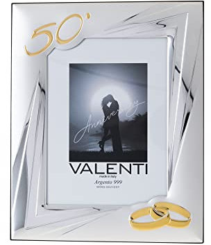 Valenti&Co - Cornice Portafoto in Argento cm 13x18. Ideale come regalo per nozze d'oro - 50 anni di matrimonio o per il cinquantesimo di parenti, nonni o mamma e papà.