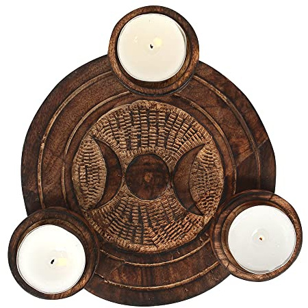 Enchanting Brown Wood Triple Moon Tea Light Candle Holder - 2.5cm x 17.2cm (1 Pc) - Exquisite Decoration, Quality Craftmanship - Ideal for Spiritual Home Decor