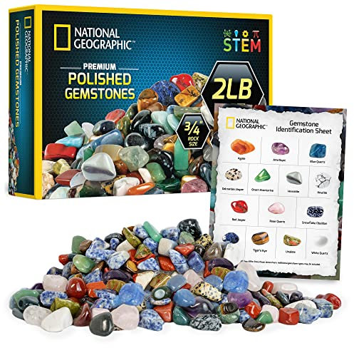 National Geographic Premium Polished Stones - 907 g of 1.9 cm Tumbled Crystals and Gemstones Bulk, Decorative Stones, Rock and Mineral Kit, Gemstones for Kids, STEM Toys