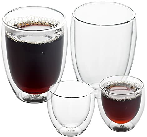 ANSIO Double Walled Thermo Coffee Cups 2 x 350ml, 2 x 80ml Food Grade Double Wall Glass - Lightweight and Durable Borosilicate Glass Cups Pack of 4 - Ideal for Hot and Cold Beverages