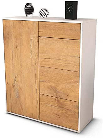 Stil.Zeit Highboard Lelia, Korpus Weiss matt, Front Holz-Design Eiche (92x108x35cm), Push-to-Open Technik & Leichtlaufschienen