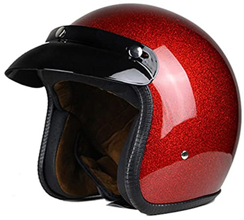 BaoFuStore Vintage Motorrad Jethelm, Erwachsene 3/4 Halbschale Motorradhelm, Glitzer Retro Moped Motorradhelm Neuheit Mode Für Roller Chopper Jet Pilot Bobber DOT/ECE,Rot,M