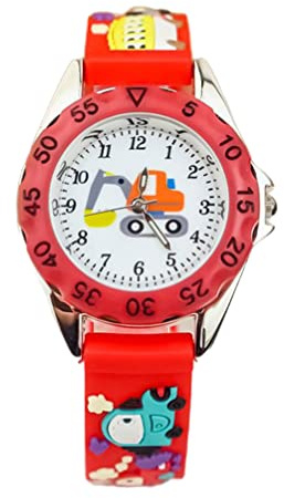 Hemobllo Süße Kinderuhr Bagger-Design, 3D Cartoon-Uhr, Glaszifferblatt analoge Quarz-Armbanduhr mit Silikonarmband, wasserdicht, modische Kinder-Lernuhr für Jungen und Mädchen