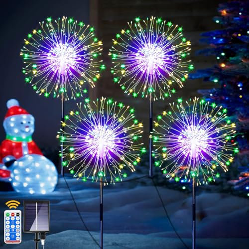 Joycome Lampe Solaire Exterieur Jardin 4 x 120 LED Feu d'artifice Solaire avec Télécommande, 8 Modes Étanche Éclairage Extérieur Solaire de Pissenlit pour Jardin Pelouse Terrasse Deco - Multicolore
