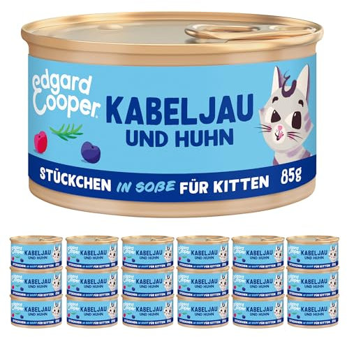 Edgard & Cooper Kitten Nassfutter, (Kabeljau & Huhn, 85g x 18), Katzenfutter nass in Sauce ohne Zucker und Getreidefrei, voll von frischem Fleisch, für sterilisierte und aktive Katzen