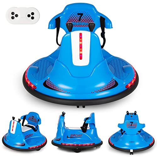 COSTWAY 6V Aufsitz Kinder Autoscooter 360 Grad Rotation & Vorwärts- und Rückwärtsfunktion, Bumper Car mit Musik ｜ bunten LED Lichtern ｜ Hupen ｜ Geschichten ｜ 2,4 GHz Fernbedienung, 3-6km/h (Blau)
