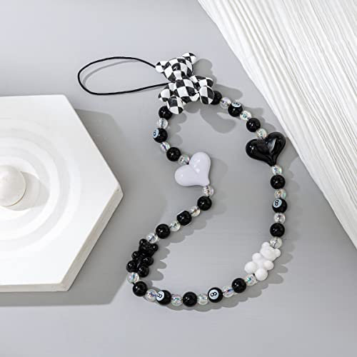 Wambere Handy Handgelenk Lanyard,Handykette,Kurze Handykette aus Acryl,Schwarz-Weiß-Tupfen-Acryl-Telefonkette,Perlen Telefon Anhänger Handyschlaufe,Kette Mobile Phone Hängende Schnur Handy-Schmuck,C