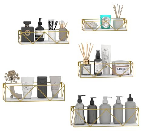 HORLIMER 5er-Set Wandregal, Schweberegal mit Gold Metal Stäben und Weiß Holzbrett, Modern Regal Wand für Küche, Bad, Schlafzimmer, Wohnzimmer und Büro (W-förmig)