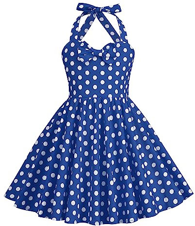 Girls' Dresses 40s 50s Vintage 1950s Rockabilly Kids Summer Sleeveless Halter Bowknot Pleated Skater Swing Wedding Bridesmaid Birthday Party Evening Prom Flower Girl Dress Blue Polka Dot 9-10 Years