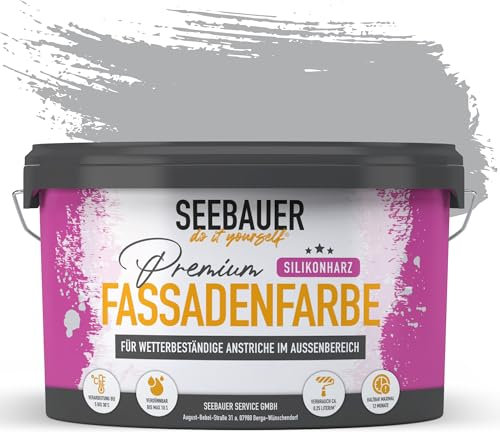 SEEBAUER diy Silikonharz-Fassadenfarbe Grau 10L für Außen (No. 220 Grey Stone) Selbstreinigende Fassadenfarbe mit Lotuseffekt - Geeignet für Putz, Mauerwerk und Beton