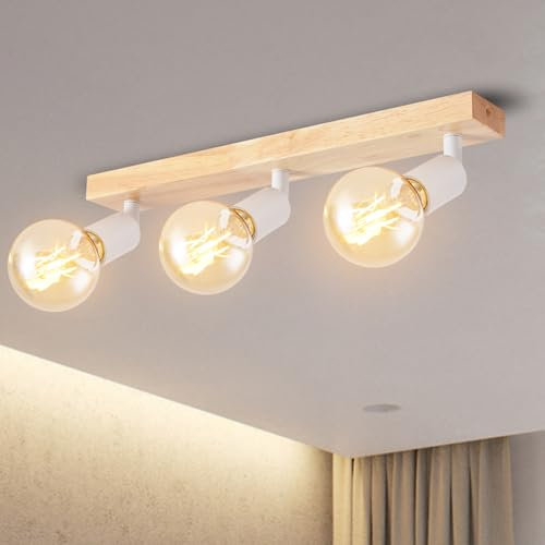 ANWIO Deckenlampe Holz E27, Weiß Deckenstrahler 3 Flammig Schwenkbar 350°, Strahler Deckenleuchte Holz Wandlampe für Wohnzimmer Flur Schlafzimmer Küche(ohne Leuchtmittel) EUC-EA190812-27-03RW-1U