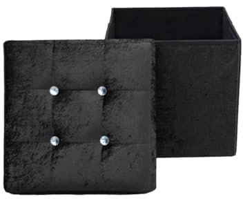Rehmat Collection 1 Seat Crushed Velvet Ottoman Storage Cube Toy Box Chest With Diamanté Studded Lid - Foldable/Collapsable (Black)