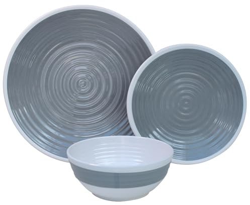 Premium 12pc Melamine Plate and Bowl Dinner Set Camping Tableware (Grey)