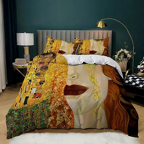YBRAVO Bettwäsche Set Gemalter Klimt-Kuss Bettbezug 200x200cm 3D Print Bettwäsche-Sets Weiche Mikrofaser Bettbezug mit Reißverschluss und 2 Kissenbezüge 80 x 80 cm
