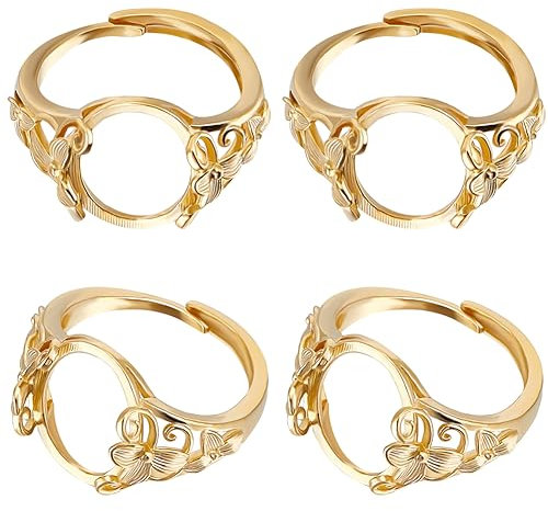 Beebeecraft 1 Box 4 Stück Leere Ringbasis 24 Karat Vergoldet Blume Flaches Rundes Pad Verstellbare Krappenringfassung Mit Ovaler Ablage Für Die Herstellung von DIY Schmuckringen