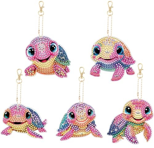 AUAUY 5PCS DIY Diamond Painting Schlüsselanhänger, 5D Schildkröten Doppelseitig Diamant Painting Bilder Aufkleber Anhänger, Diamant Malerei Schlüsselbund Geschenke für Weihnachten Kindergeburtstag