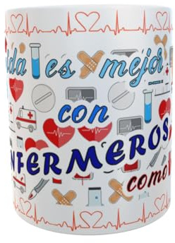Siempre en tu mano Taza Personalizada ENFERMEROS. Frase La vida es mejor con ENFERMEROS como tú. Y tirita con NOMBRE. Taza de Cerámica.