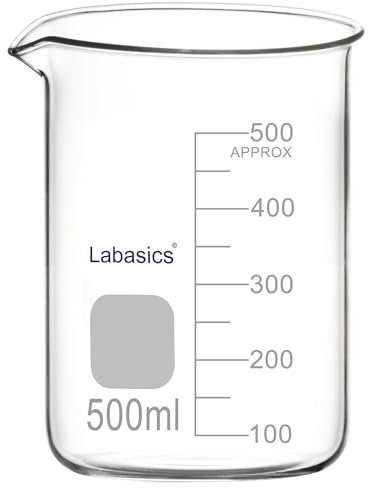 Labasics Vaso de Vidrio, 1 Paquete, Vaso de Forma Baja Graduado de Vidrio Borosilicato con Pico Vertedor, 500 ml, Resistencia a Altas Temperaturas, Uso en Laboratorio