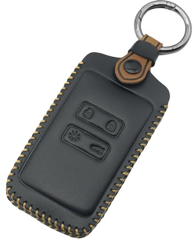 QIULIFAN Key Card Case for Renault Key Fob 4 Buttons Leather Key Cover with Keyring for Renault Megane Clio Captur Kadjar Espace Dacia Duster, Black