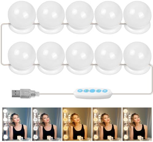 Litinliv 5 Farbe Spiegelleuchte Hollywood-Stil, 10 LED Dimmbar Schminklicht, Makeup Lampe, Schminktisch Leuchte, Schminkleuchte, Make Up Licht, Spiegellampe für Kosmetikspiegel, Badzimmer Spiegel