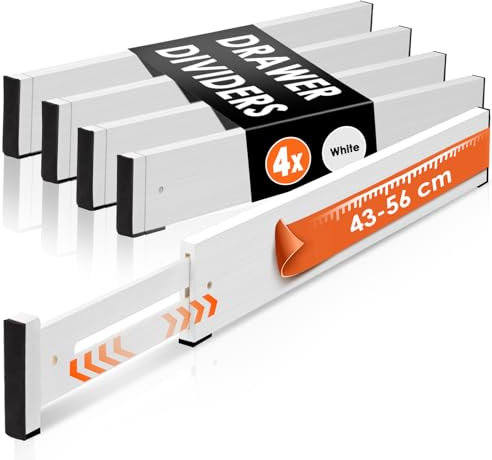 MUUKAIII Separadores de Cajones Ajustables (43-56cm, Alta 6cm) 4 Piezas Organizador Cajones Cocina Separador Cajones de Bambú para Organizador Armario, Blanco