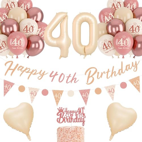 40th Birthday Decorations for Women - Retro Blush Pink and Rose Gold Balloons, Unique Triangle Flag Banner, White Sand Nude Balloon Set