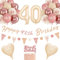 40th Birthday Decorations for Women - Retro Blush Pink and Rose Gold Balloons, Unique Triangle Flag Banner, White Sand Nude Balloon Set