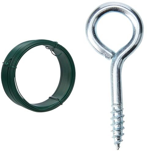 Merriway® BH00134 Plastic Coated Garden Wire, 1.2 mm x 0.75 (30 meters) - Green & BH00319 (12 Pcs) Screw-In Vine Eye, 50 mm (2 inch) Zinc Plated - Pack of 12 Pieces