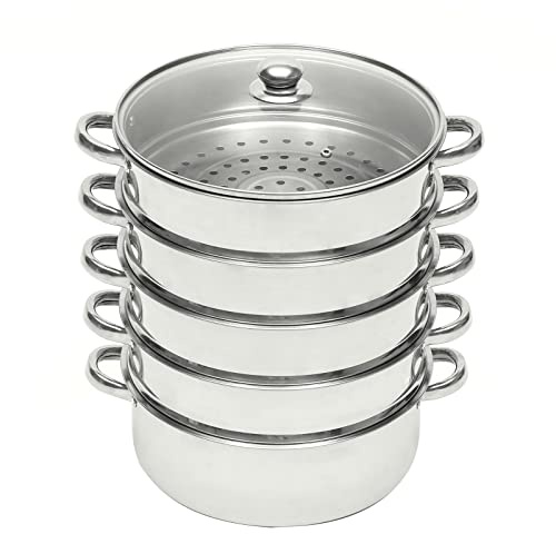 chennnls 5 Etagen Dampfgarer, Edelstahl Dampfgarer Dampfkocher mit Glasdeckel, Kochgeschirr Mantowarka Topf Induktion für Knödel Induktionsherd(Optional 26/28/30cm) (Silber, 26cm)