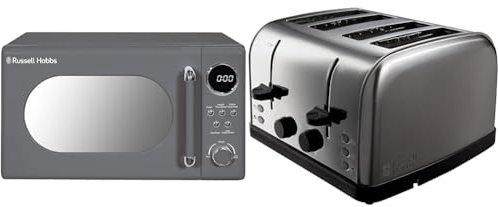 Russell Hobbs RHM2044G Retro 20 Litre Grey Digital Microwave, 800W, Mirror Finish & 4 Slice Toaster (High lift feature, 7 Browning levels, Frozen/Cancel/Reheat function
