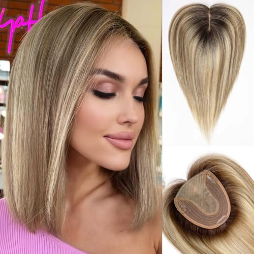 HAIRCUBE Echthaar-Haarteil ohne Pony für Damen,5x5,5 Zoll Basis,14 Zoll Ombré Braun mit Blond-Strähnen,zur Deckung von grauen Ansätzen und dünner werdendem Haar