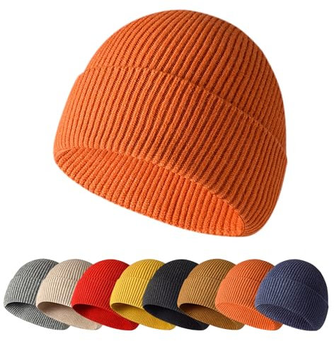 Enwokran Wintermütze Strickmütze Einteilig Nahtlos, Unisex, Dehnbar Stretch Bequem Atmungsaktiv Beanie Mütze Roll up Edge Cuffed Schädeldecke Fisherman Hut (Orange)