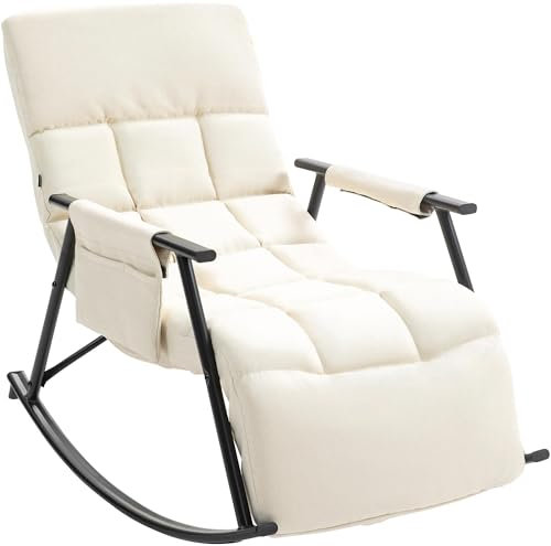 CLP Schaukelstuhl Cathy I Gepolsterter Relaxsessel I Schaukelsessel mit Rückenlehne I Metallgestell mit Armlehnen und Seitentasche, Farbe:Creme, Material:Stoff