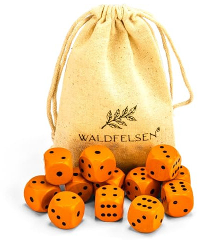 Waldfelsen 6, 12, 20, 30 oder 50 hochqualitative Holzwürfel aus echtem Buchenholz Augenwürfel Spielwürfel aus Holz in 16 mm Standardwürfel mit Stoffbeutel Würfelset (Orange, 12 Stück)