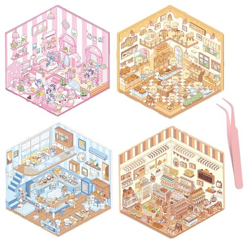 4 Sets 3D Sticker Scene Maker DIY Set, Fun Cozy Little Home House Sticker Buch Mit Pinzette