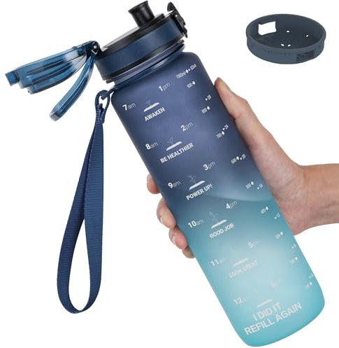 GOPPUS 1L/32oz Tritan Water Bottle (No Straw)-Soft Matte Finish Drink Bottle with Measurements Bottles with Lockable Flip Top Motivational Bottles with Time Marks for Adults BPA Free (Blue Green)