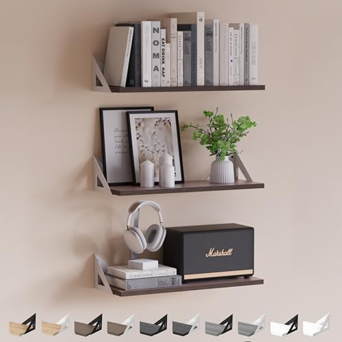 DINIAL Wall Mounted Floating Shelves for Wall Set of 3, Shelf Bookshelf for Bedroom Living Room Office Bathroom Kitchen Rustic Wood with Metal Bracket 02H-03 (Dark Brown/White Brackets)