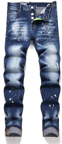 Pantalones Vaqueros para Hombre, Vaqueros Ajustados con Roturas y Salpicaduras De Pintura, Vaqueros con Parches y Elásticos, Vaqueros Rojos Ajustados y De Moda,36