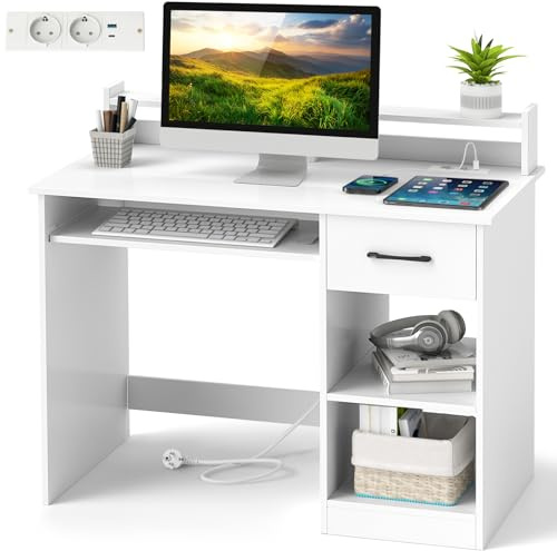 GIANTEX Escritorio de Ordenador con Salidas de CA, Puerto USB y Puerto Tipo-C, Escritorio con Bandeja de Teclado, Cajón y Estantes, 105x55x89 cm, Mesa de Trabajo para Oficina, Estudio, Blanco