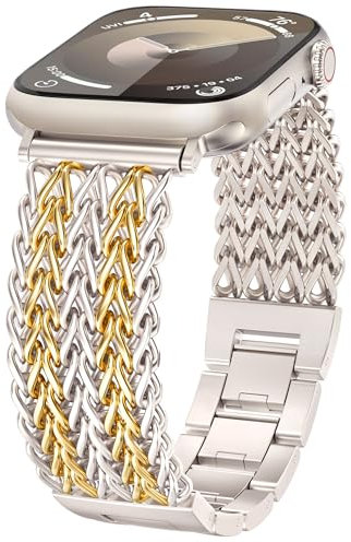 TOYOUTHS Compatible with Apple Watch Straps 38/40/41/42mm Women Dressy Stainless Steel Metal Gold Chain Strap Cowboy Link Bracelet for iWatch Band Series 11 10 9 8 7 6 5 4 SE 3 2 1, Starlight/Gold
